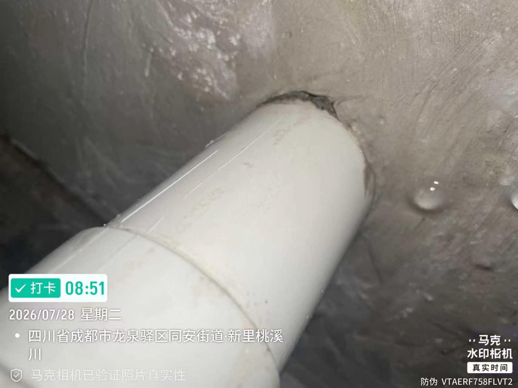 新里桃溪前期检查记录的楼下管根渗漏表现,图片自带2026年7月28日打卡日期