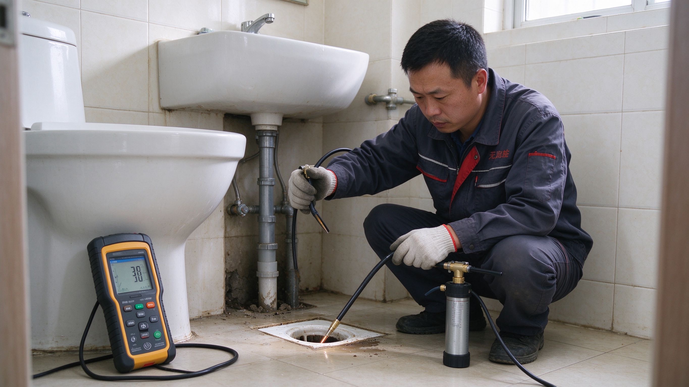 好一修师傅正在进行漏水检测示意图